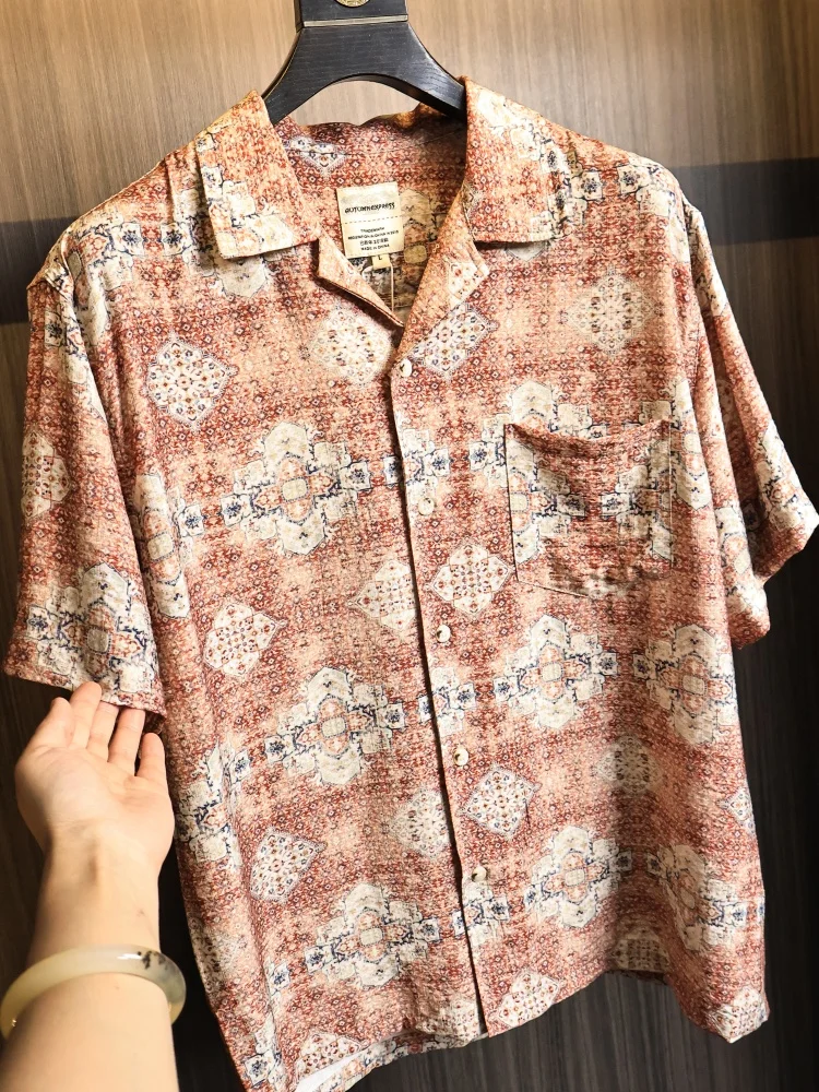 

American Baroque Persian Pattern! Summer Men's Versatile Slimming Cuban Collar Short Sleeve Shirt Fashionable Urban Standard Fit