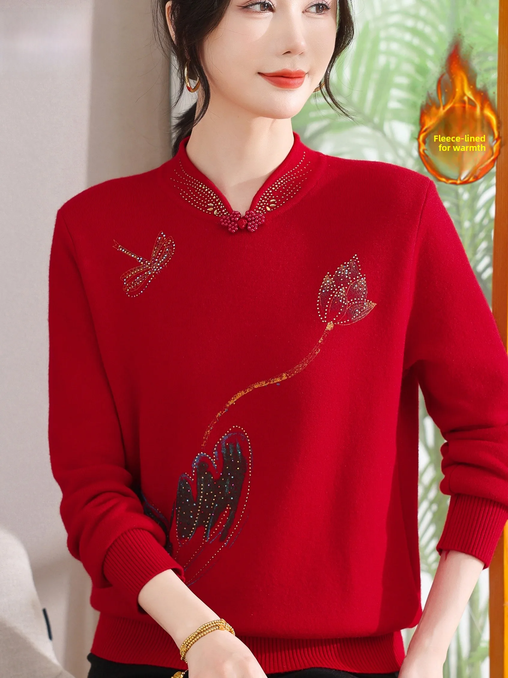 

New Chinese Sle Fce Lined Embroidered Sweater Women's Base irt Autumn Winter Warmth Comfortable Mommy Clothes