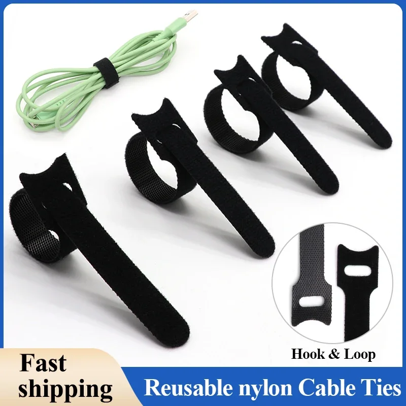 

Black T-type Reusable Fastening Cable Ties Adjustable Cord Ties Nylon Cable Management Straps Hook Loop Cord Organizer Wire Ties