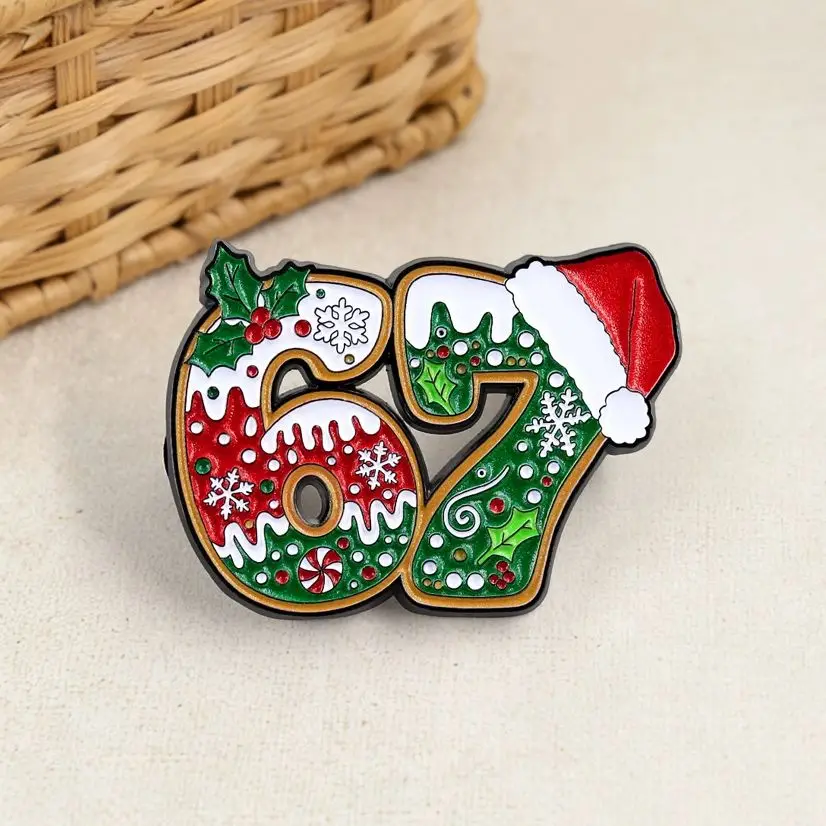 Funny Six Seven 67 Enamel Pin Christmas Gingerbread Cookie Brooch Brainrot Humor Badge Gen Alpha Slang Jewelry Gift for Teens Fa