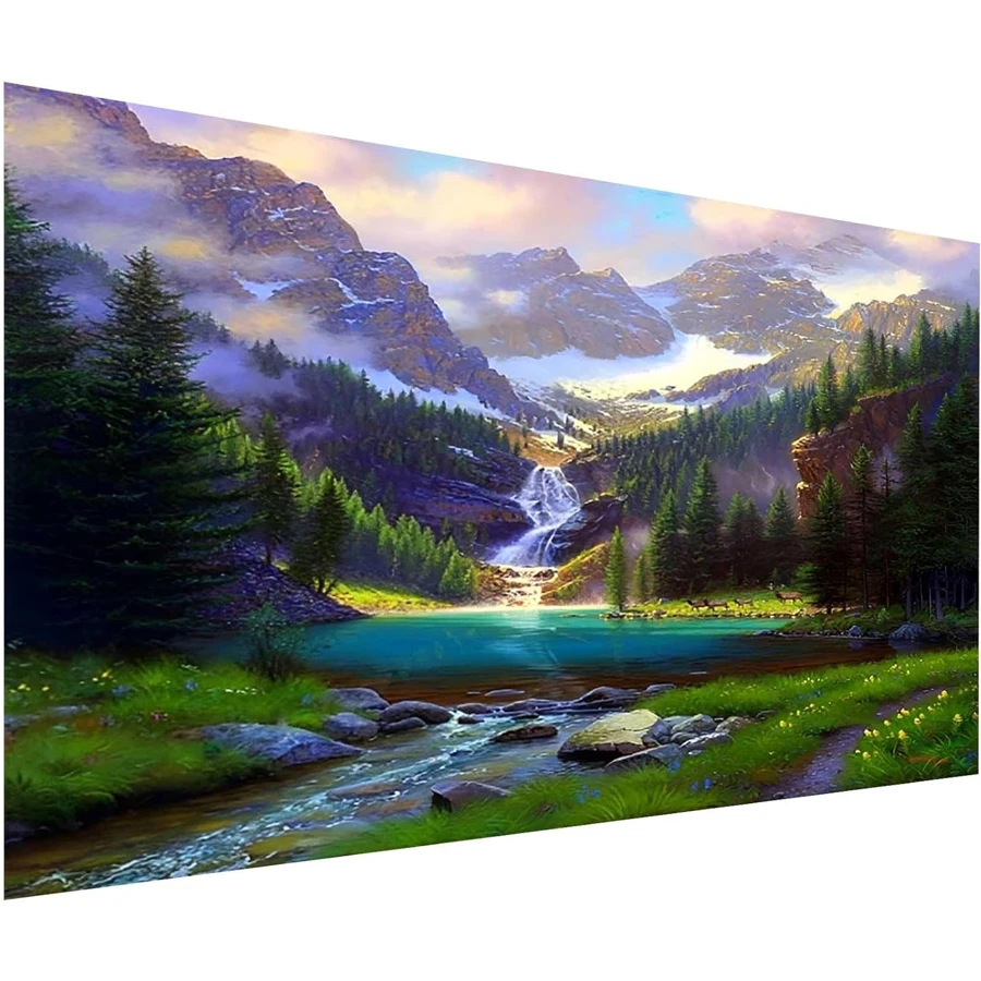 Large Sunset Diamond Art Painting Suitable for Beginner Green Forest Tree Stream Scenery 5D Full Diamond Embroidery Mosaic Decor