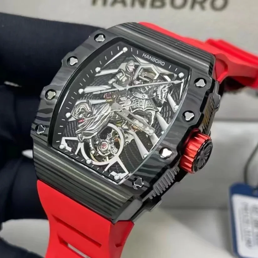 HANBORO Men Automatic Watch Tonneau Mechanical Wristwatch Luminous 50M Waterproof Skeleton Knight Dial Carbon Fiber Bezel