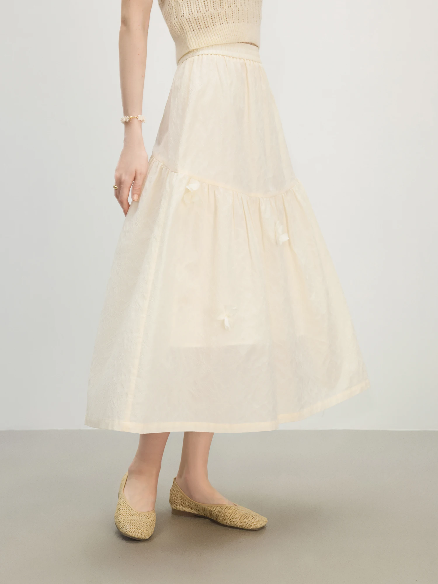 FSLE 2025 Summer 3D Floral Beaded Midi Skirt - Tapered A-Line Silhouette & Artisanal Lace Trim for Elegant Occasions