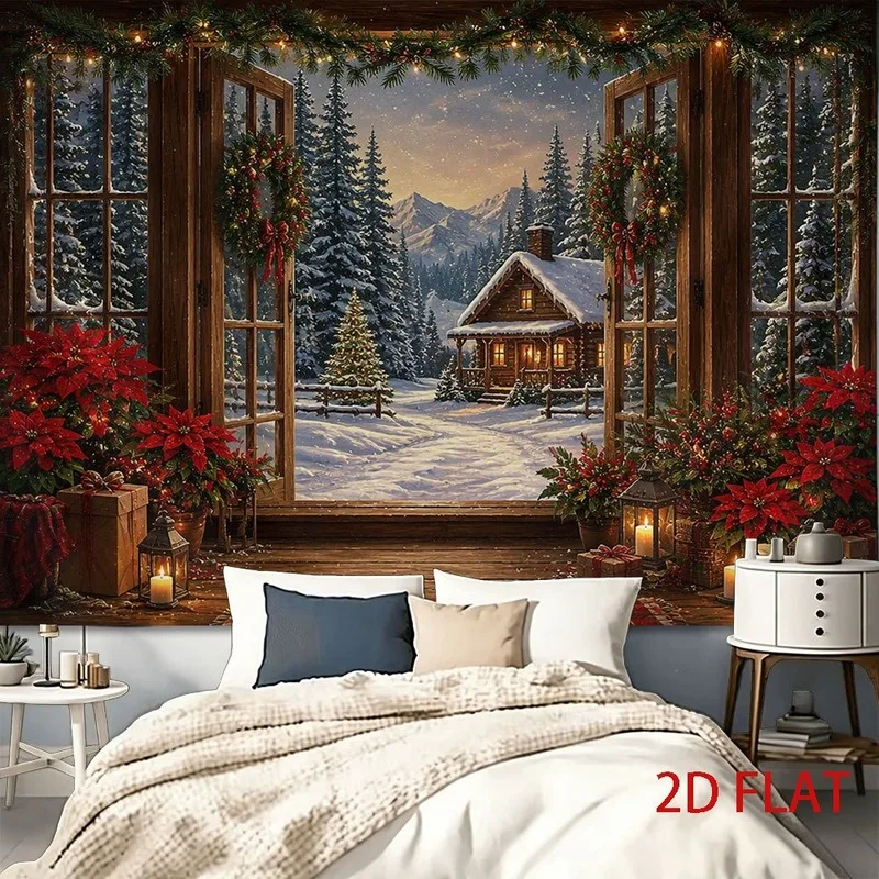 VIKAMA Rustic Fireplace Christmas Tapestry, Stone Hearth Pine Garland, Xmas Wall Hanging Decor for Living Room Bedroom