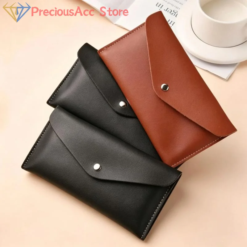 .Hot Sale-Retro Envelope Style Long Leather Pouch Snap Button Cash Wallet Unisex Storage Bag Travel School Gift