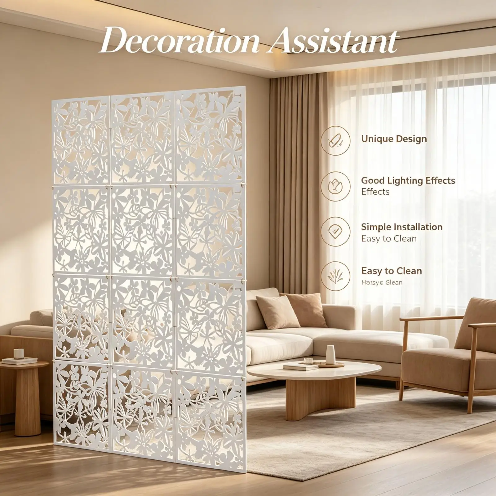 Divisor de habitación colgante de pantalla plegable de PP blanco de 12 piezas tamaño único 40*40*0,127 cm como decoración de pared en dormitorios pasillo