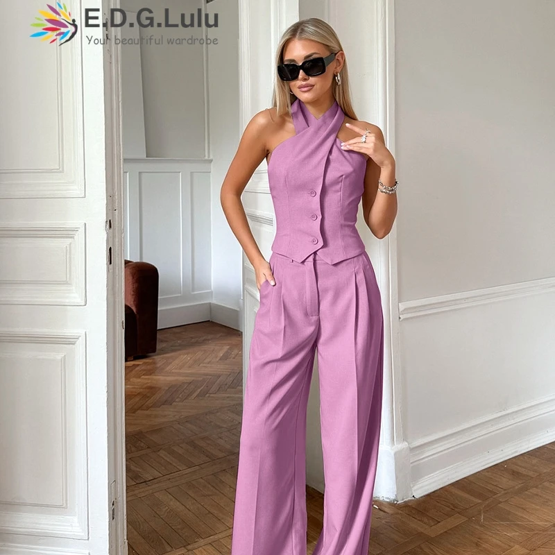 EDGLuLu Two Piece Outfits Women Halter Single Breasted Sleeveless Top+Wide Leg Pants Fashion Chic Casual Apricot Suit 0717