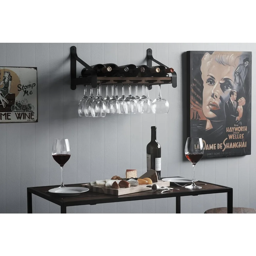 Casier à vin mural en bois rustique avec support en verre pour 5 bouteilles et 15 verres - Décor de bar de cuisine