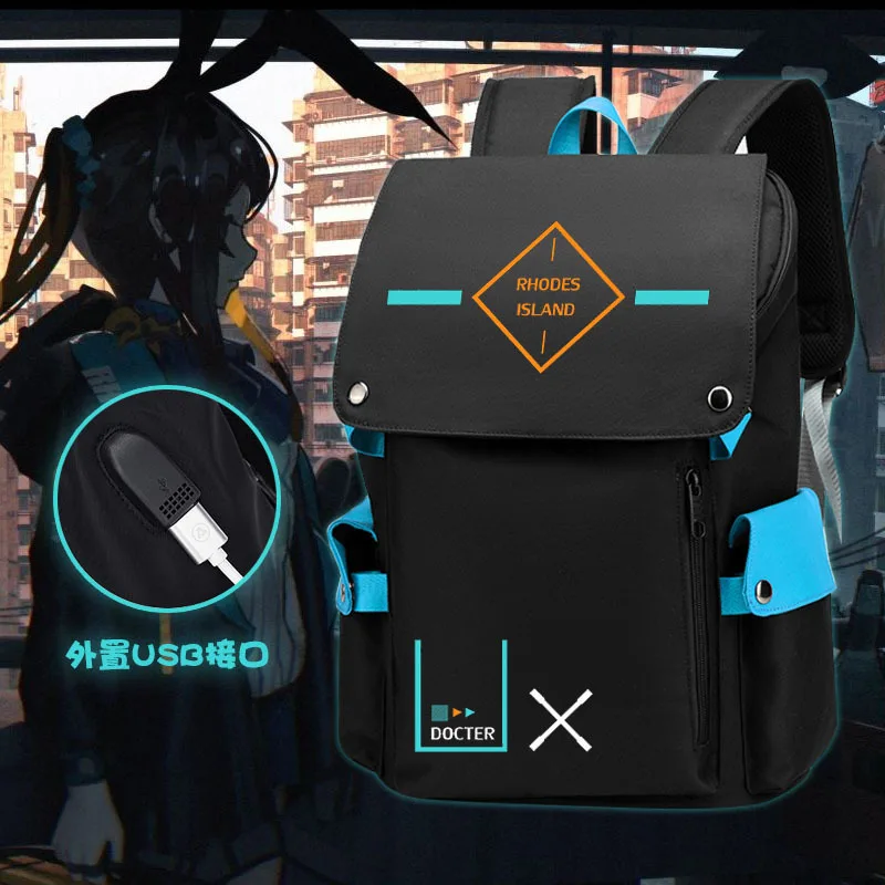 Arknights Exusiai Black USB Charging Port Backpack Cosplay Student Spine Protection Schoolbag luminous Waterproof Shoulders Bag