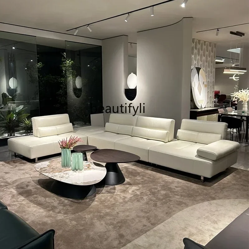 

yA38 Adjustable backrest leather sofa large horizontal hall front and rear seat living room Italian minimalist sofa