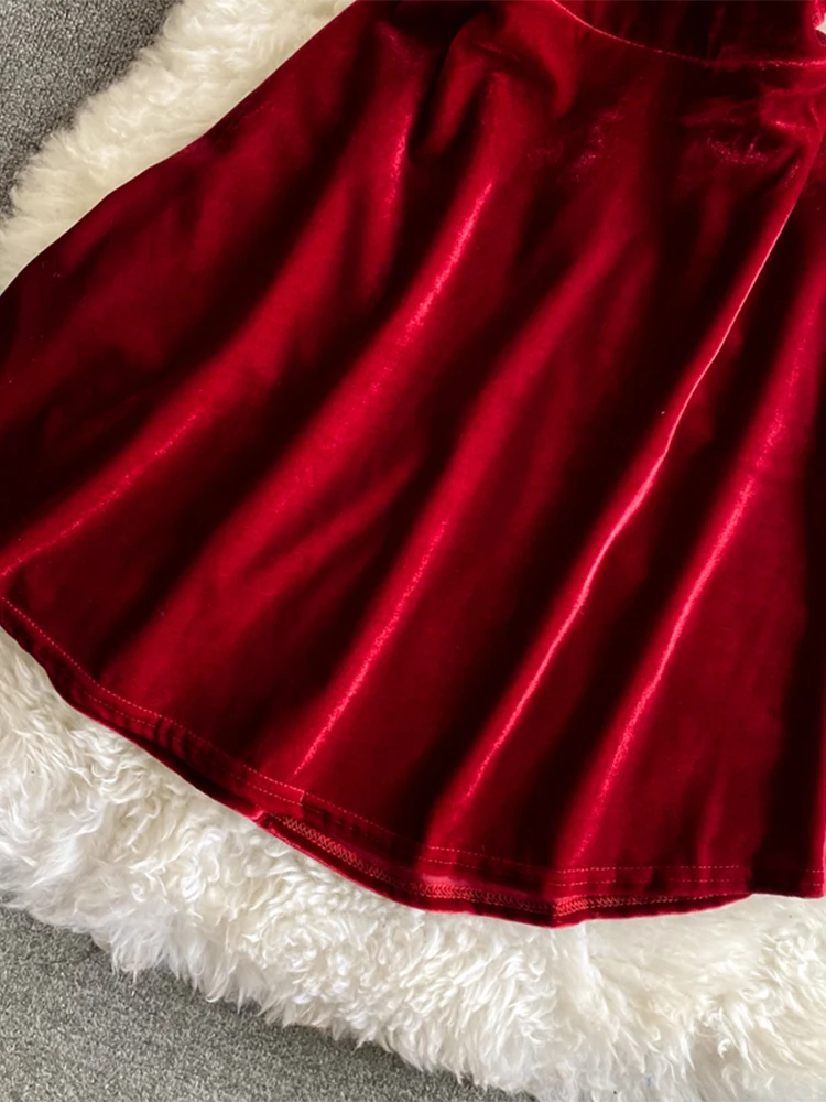 Women\'s Christmas Red A-line Mini Evening Velvet Dress Vintage Off Shoulder Luxury Dresses Y2k One Piece Frocks 2000s Clothes
