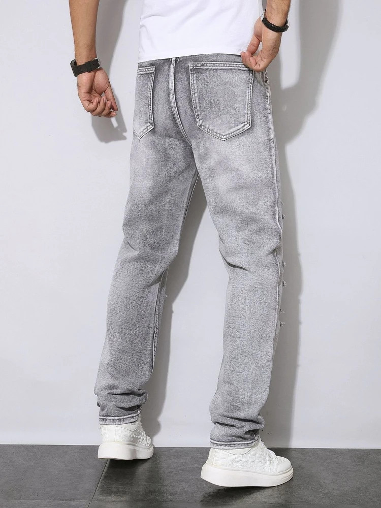 Mens Autumn Winter Distressed Grey Denim Trousers American Street Fashion Dopamine Aesthetic Wear-Resistant Casual Jeans