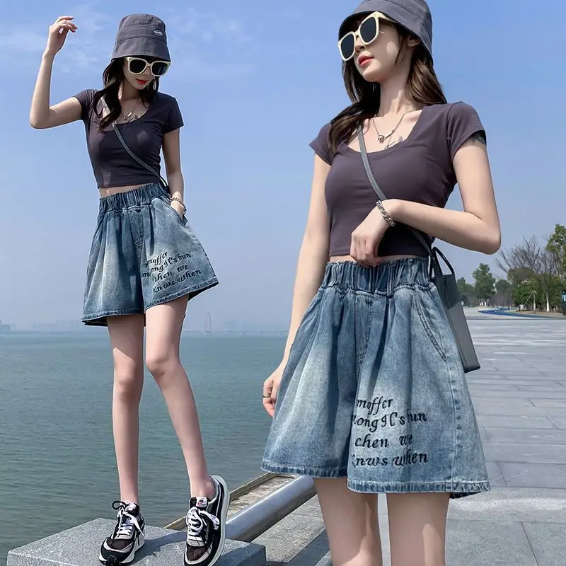 Women Summer Simplicity Loose Large Size Fashion Letter High Waist Wide Leg Women Clothes Casual All-match Appear Thin Shorts