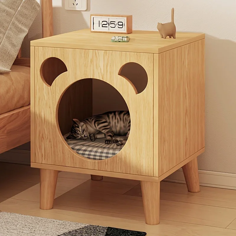 Wooden Cat House Bedside Table, Cozy Indoor Sleeping Nest for Cats and Kittens, Multi-purpose Cat Furniture