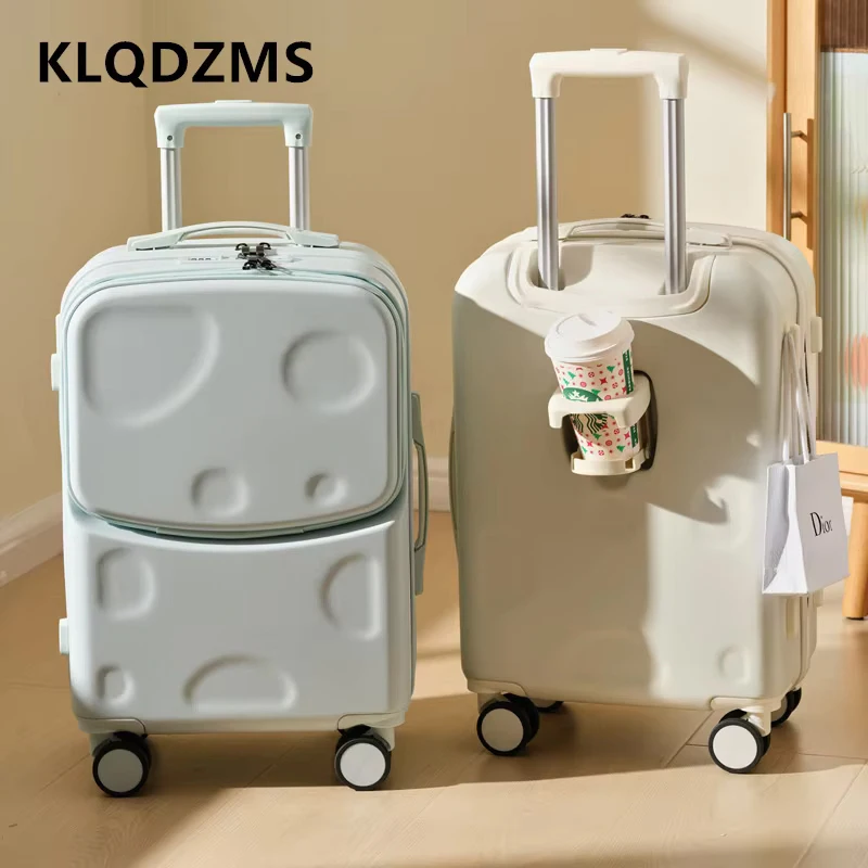 KLQDZMS Suitcase on Wheels Front Opening Laptop Boarding Case 20"22"24"26 Inch Trolley Case USB Charging Men's Cabin Luggage