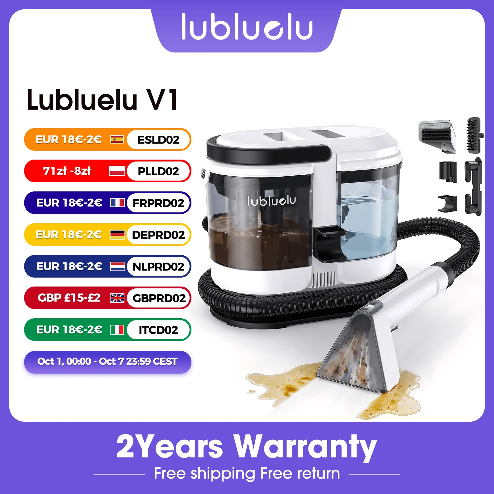Lubluelu V1 16kPa Aspirapolvere Portatile per Pulizia a Punti di Tappeti e Tappezzerie, Potente Macchina per la Pulizia di Tappeti per Casa/Divani/Tappeti/Sedili Auto