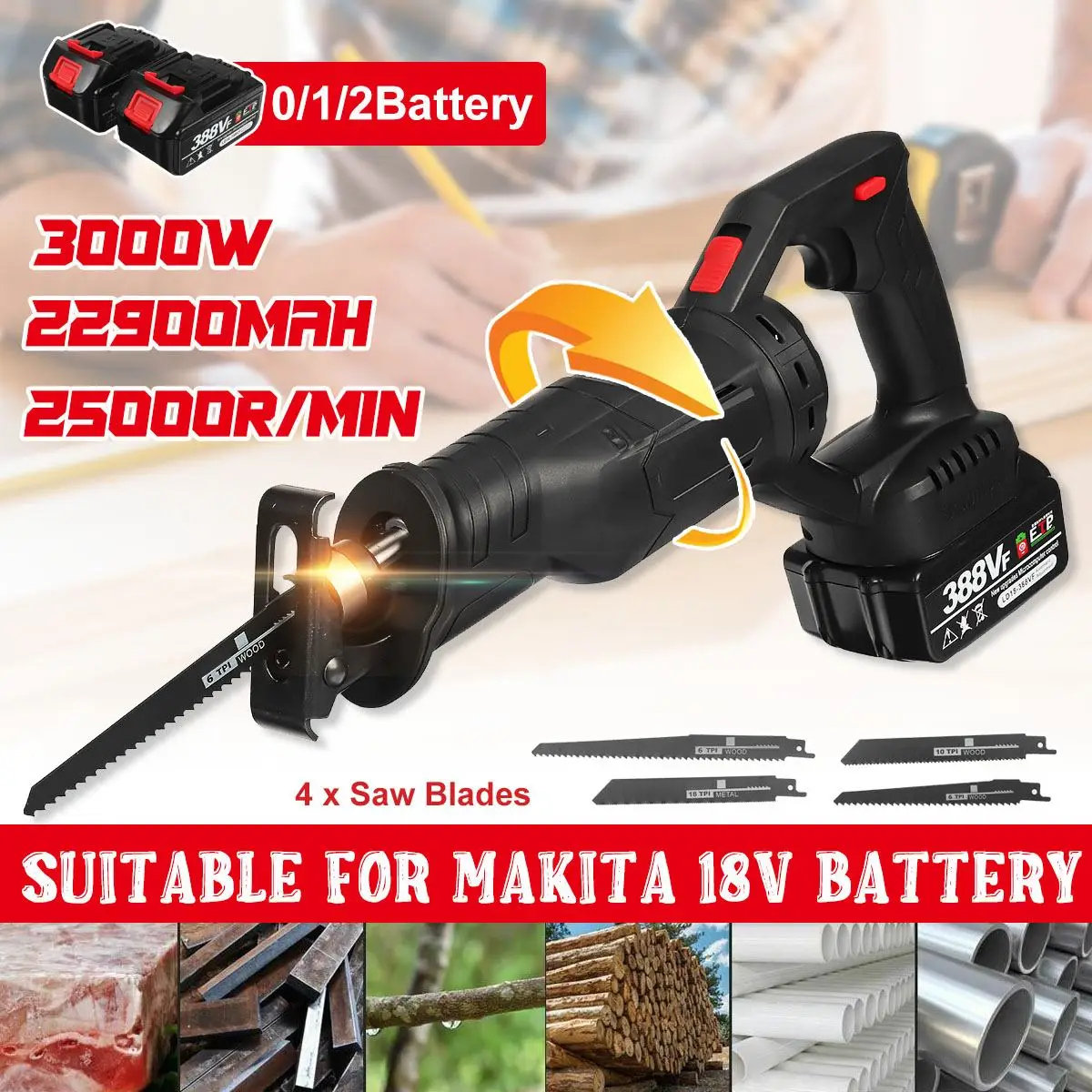 New 3000W Cordless Reciprocating Saw Brushless Electric Saw With Battery Metal Wood Cutting Tools For Makita 18V Battery