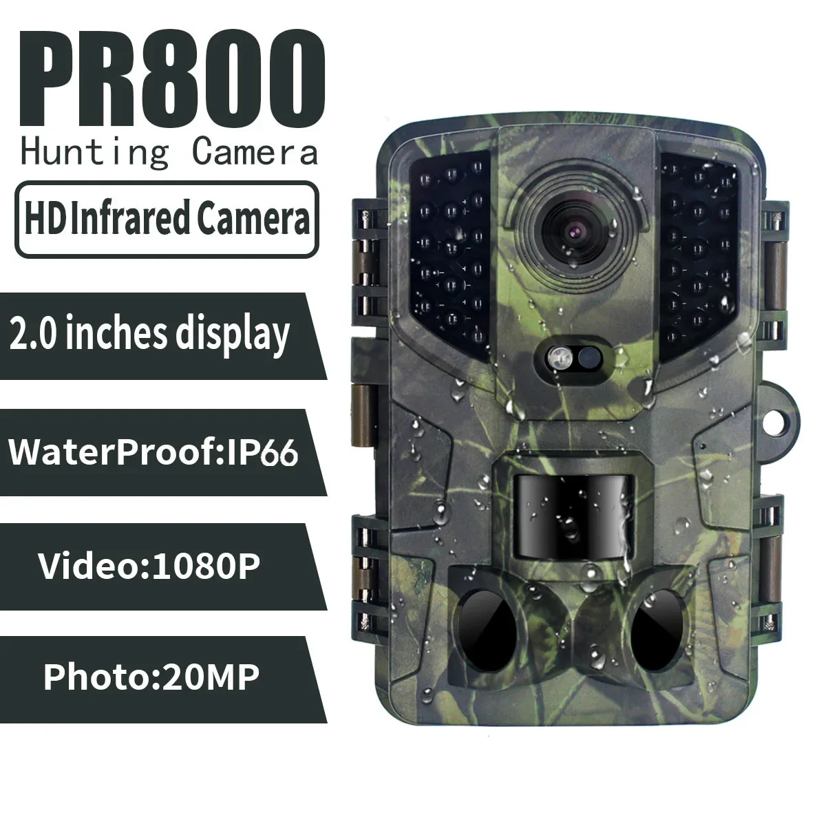 2.0 Inchs LCD Display PR800 Hunting Camera 20MP HD Infrared Night Vision Camera Waterproof IP66 Take Photo Fast Speed