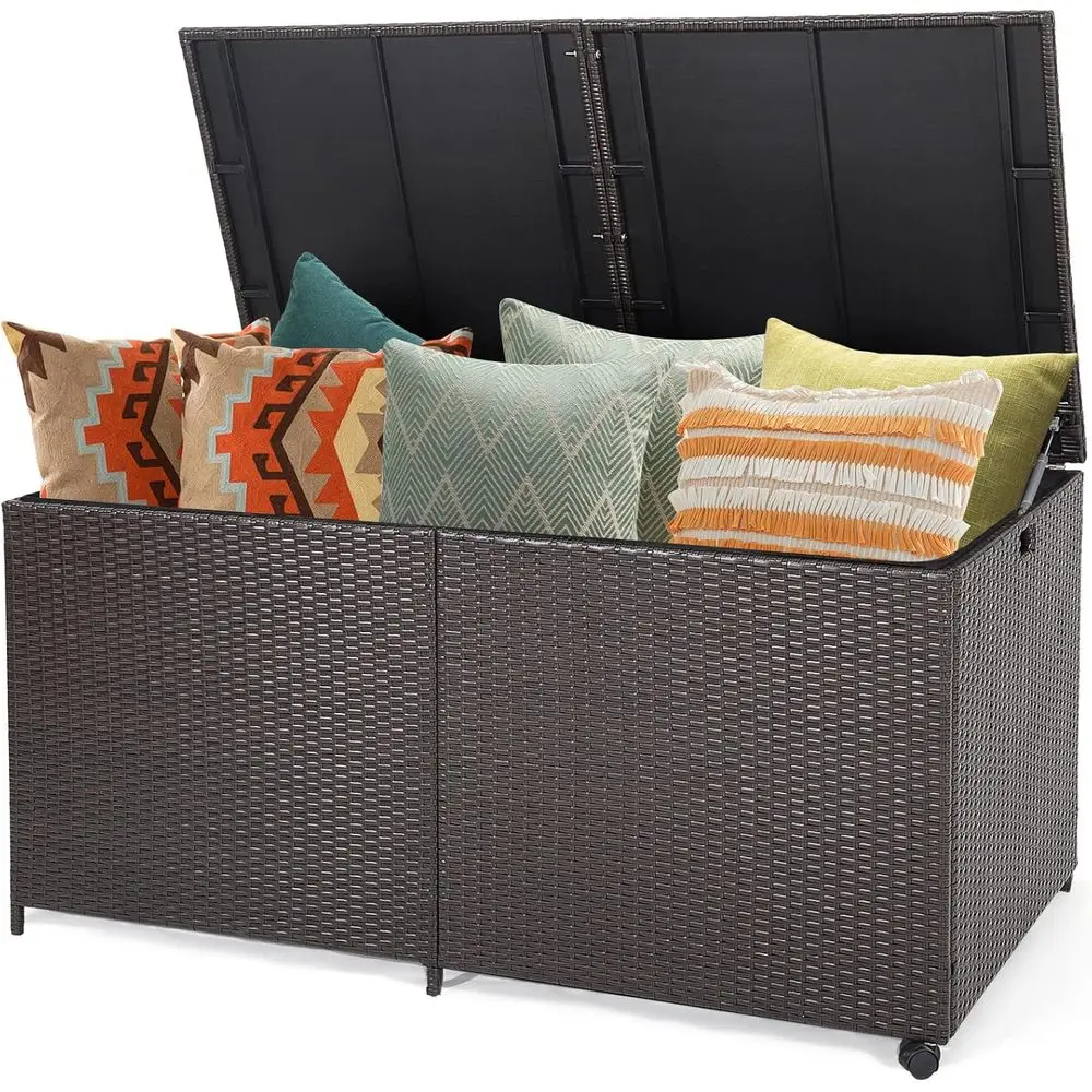 175-Gallon Outdoor Storage Box, Wicker Rattan Outside Storage Container Bin with Zippered Liner, 2 Unil Wheels, Gas Strut, Patio