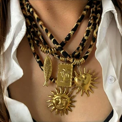 Personality Stainless Steel Leopard Polyester Flower Heart Sun Drop Collar Necklace 18K PVD Plated Popular Jewelry Gift