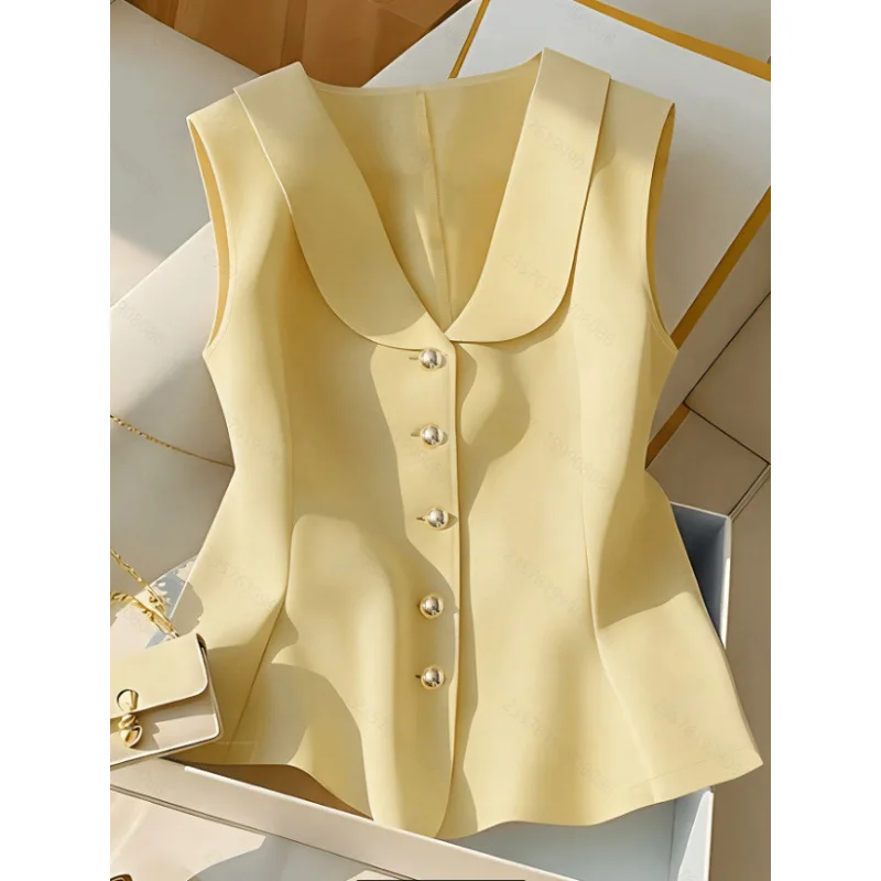Women Elegant Office Sleeveless Blazer Vest Lapel V Neck Button Slim Fit Yellow Waistcoat Summer Business Sleeveless Shirt Top