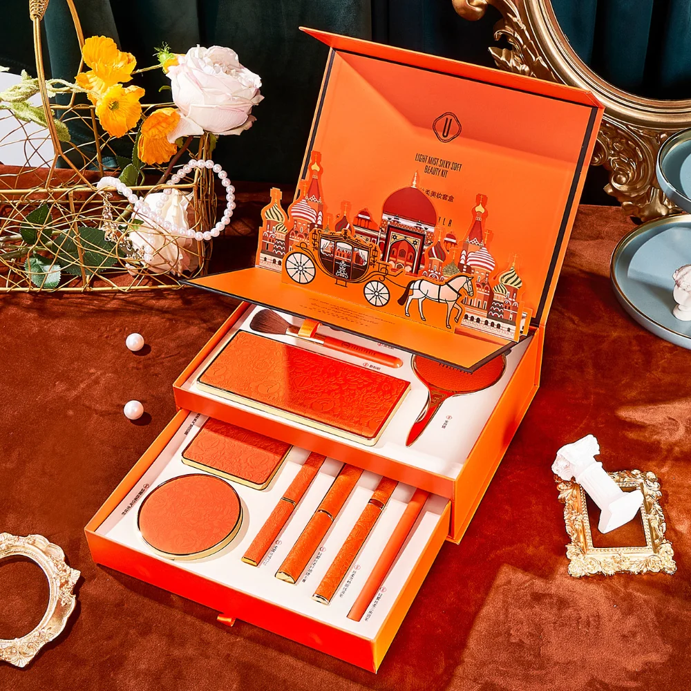 Ensemble de maquillage classique orange pour femme, coussin d'air, poudre BB, mascara, eye-liner, rouge à lèvres, pinceau de maquillage, coffret cadeau de beauté, 11 pièces