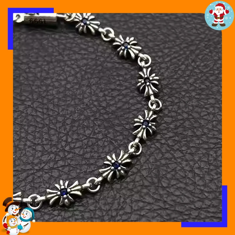 Retro Silver Cross Flower with Diamond Bracelet Bracelet Men and Women Unpopular American Classic Couple