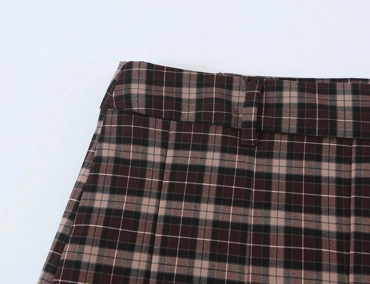 KONDALA Damen Vintage Lässiger Karierter Minirock-Anzug 2026 Herbst Trendiges Klassisches Retro-Set mit Stehkragen-Jacke und Weitgefalteten Culottes – Detail 15