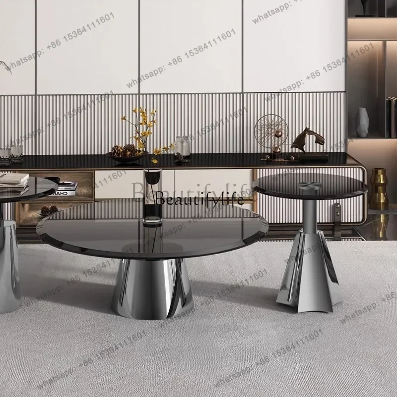 JJ Round tea edge several household small apartment living room coffee table stainless steel tempered glass
