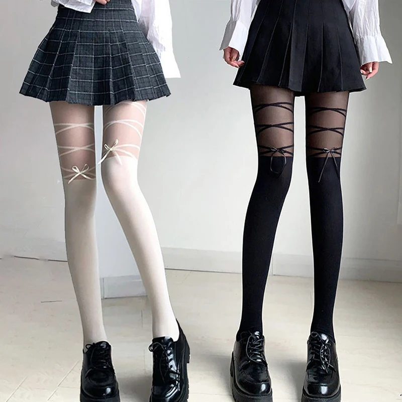 Fashion Casual Slim Elastic Japanese Bow Jk Pantyhose For Women Autumn White Silk Patchwork Stocking Cross Legged Fake High Tube