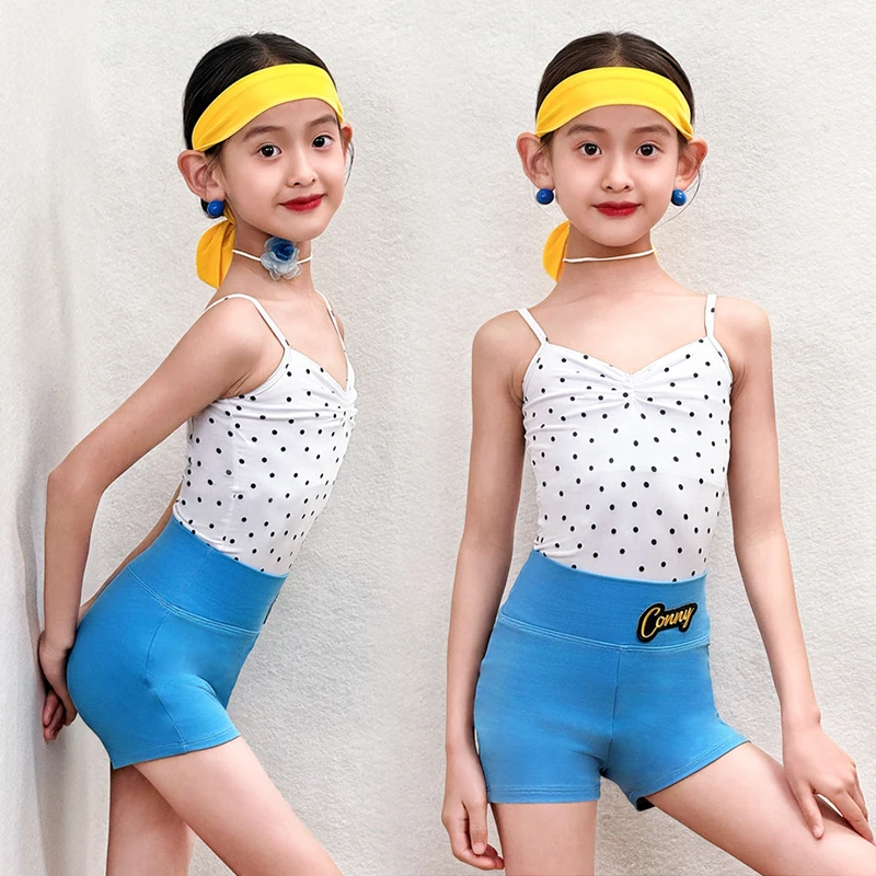 2026 Summer Latin Dance Clothes Kid Latin Dancewear Top Training Bodysuit Practice Shorts Cha Cha Rumba Dancer Costume VBH2763