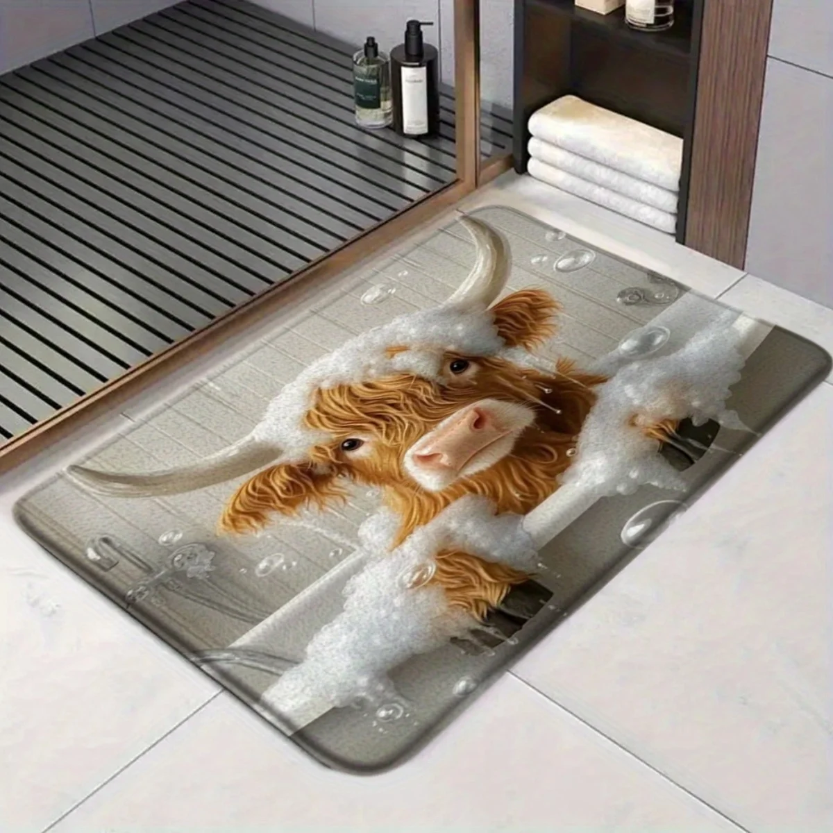 Highland Cow Design Bath Mat, 17.72 X 29.53 Inches, Whimsical, Perfect for Bathrooms, Showers, Laundry Rooms, Bedrooms, Living