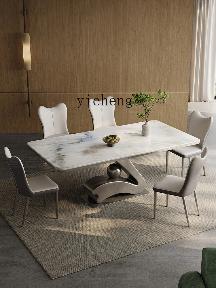 XL Light Luxury Stainless Steel Stone Plate Microlite Dining Table Minimalist Rectangular Dining Table Combination