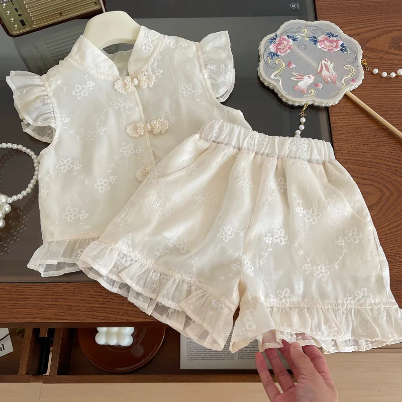 

2025Girls' Summer New Chinese Style Cute National Style Chinese Knot Button Embroidery Top and Shorts Two-Piece Set