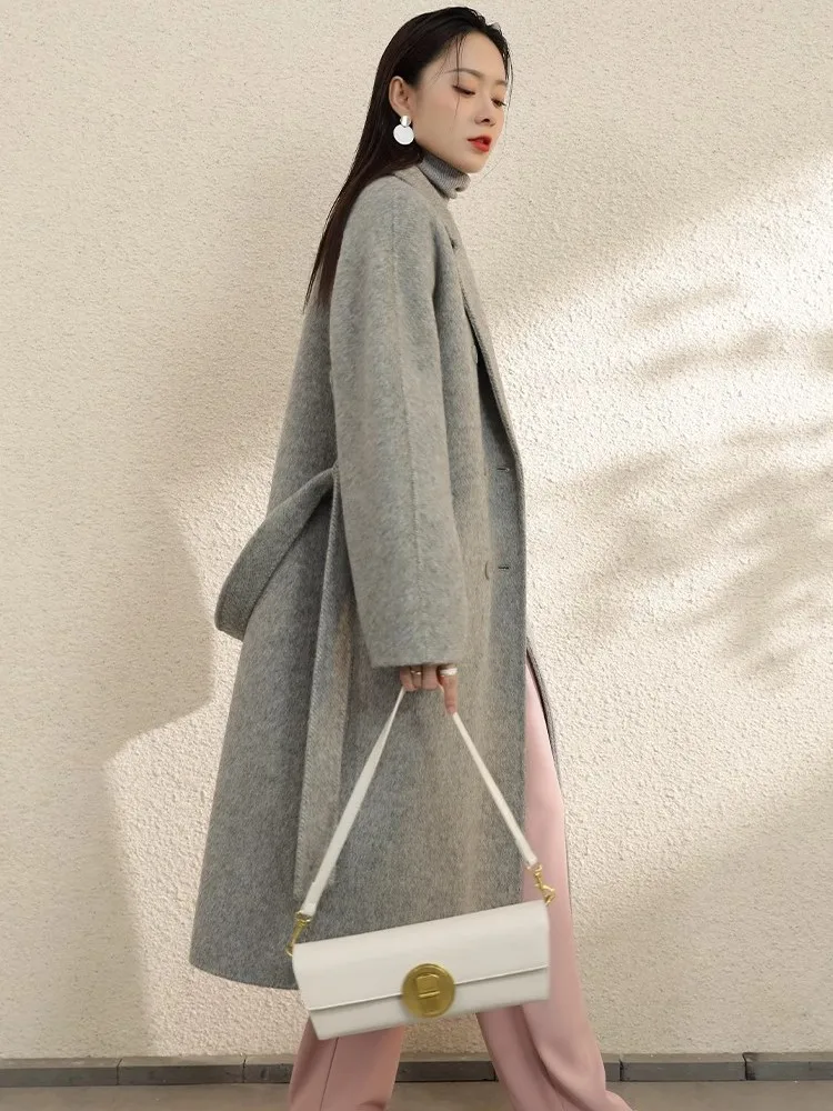 High Grade Gray Double-Sided Cashmere Coat For Women In Autumn And Winter With Hand Sewn Lapel And Double Breasted Long Coat