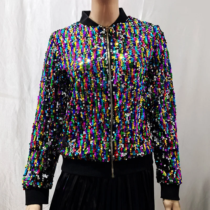 Shiny Color Sequin Jacket Coat Women Personalized Street Stand Collar Long Sleeve Zipper Jackets Fashion Female Clothing Coats