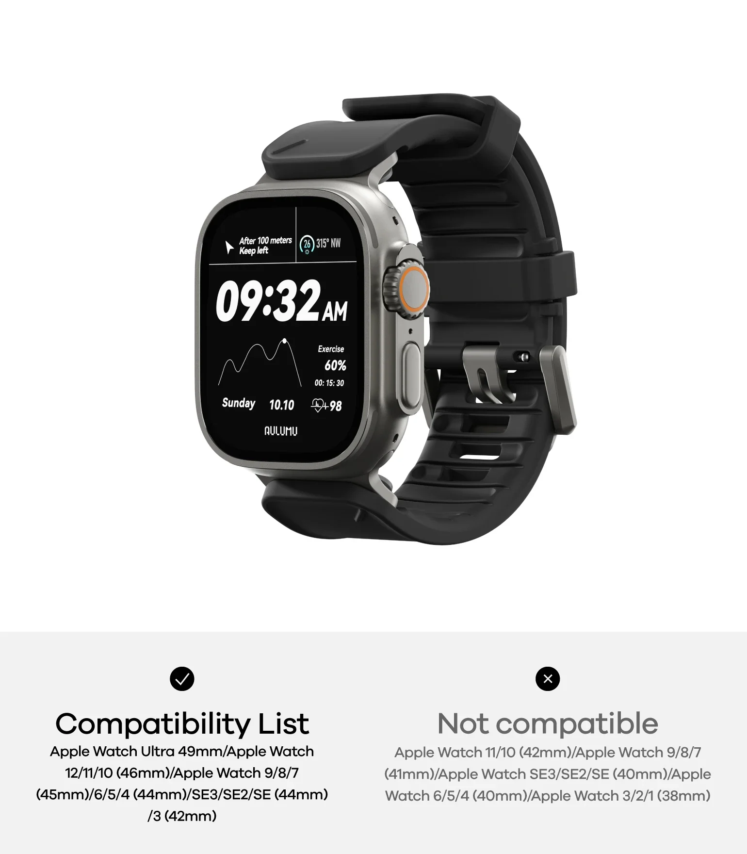 AULUMU C05 for Apple Watch Ultra 4 /S12 /11 /10 FKM Fluororubber Titanium Alloy Quick Release Buckle 26mm Sport Waterproof Band