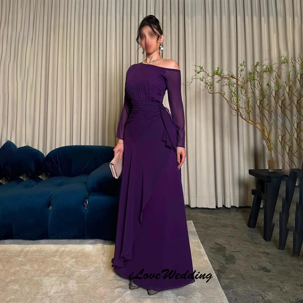 

Классическое фиолетовое платье для выпускного вечера 2025 с длинным рукавом и открытыми плечами, шифоновое вечернее платье для выпускного вечера فساتين سهرة Customize