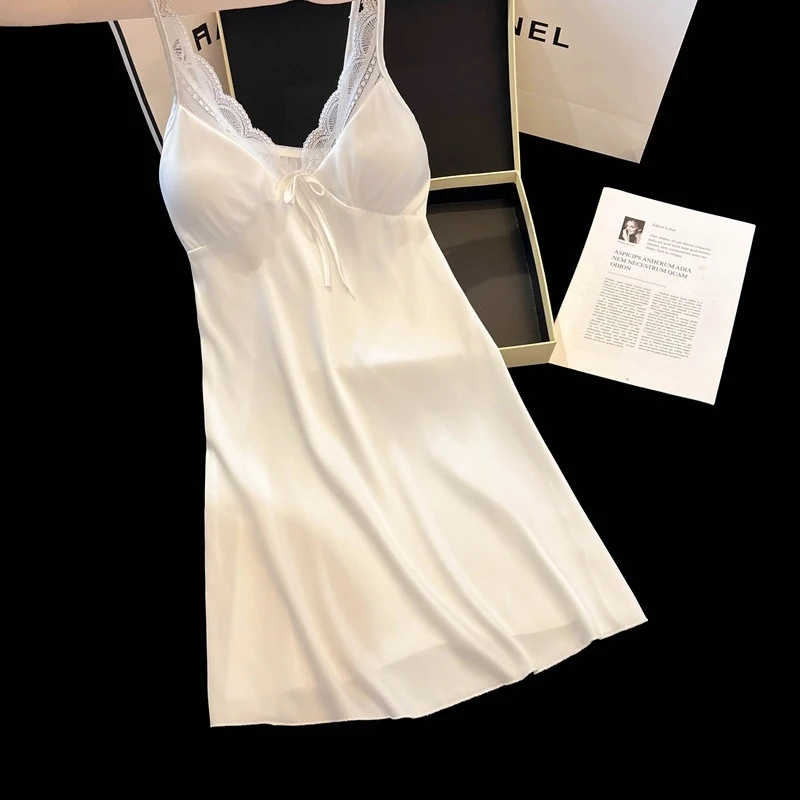 Women'S Spring Summer Ice Silk Sexy Lace Home Wear Camisole Nightdress, With Color Matching Straps And Chest Pads