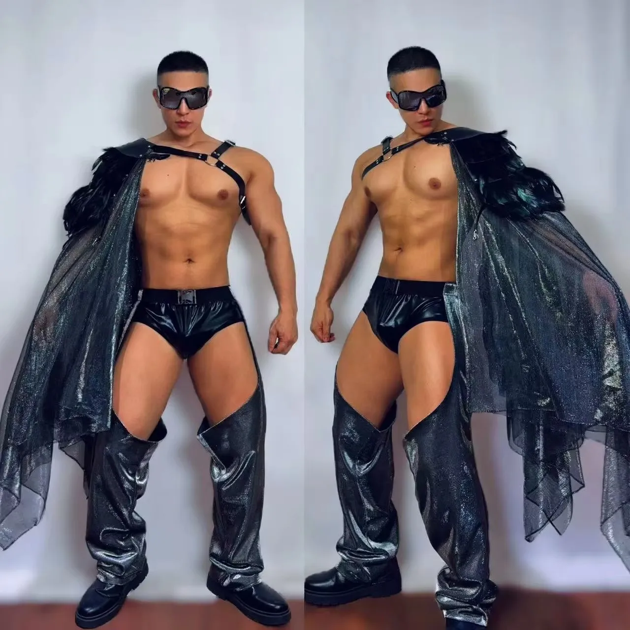 

Фестиваль Хэллоуина, ночной клуб, мужской танец Gogo, костюм для выступлений, плащ с перьями, карнавальная вечеринка, наряд для рейва, певица, сексуальная сценическая одежда