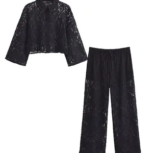 بنطلون دانتيل نسائي قميص فضفاض بلوزة مستقيمة عارضة ربيع 2022 أفضل 12 مجموعة اجتماعية من السراويل والبلوزات للمبيعات - رقم 11