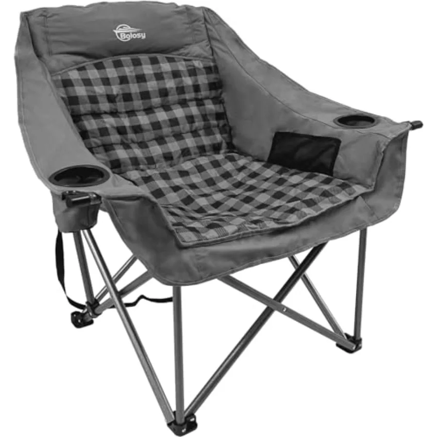 Oversized Camping Chairs for Adults: Heavy Duty Gray Plaid Padded Portable Outdoor Folding Chairs with Cup Holder, 500 lbs Capa