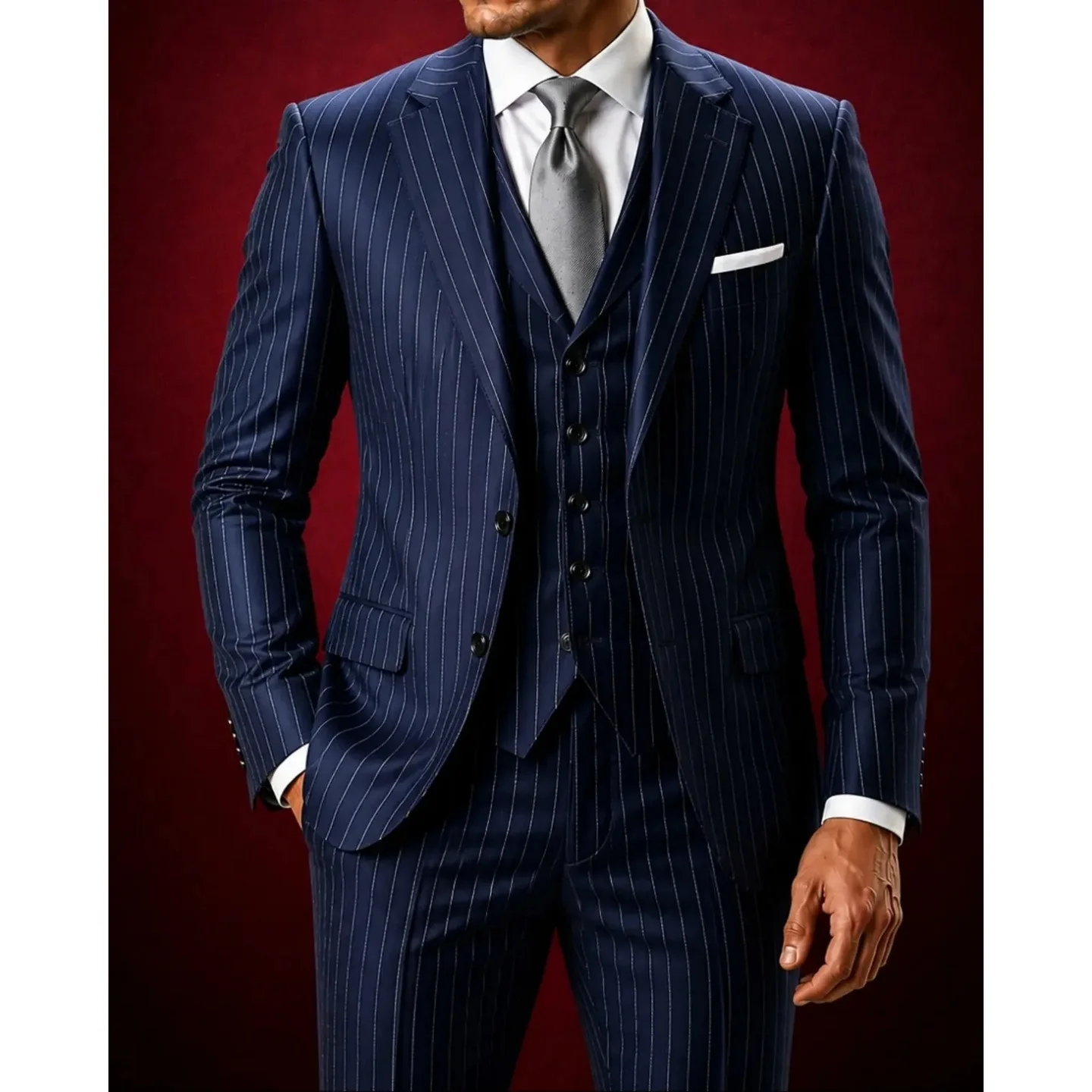 3 Piece Suit Men Pinstripe Jacket Vest Pants Set Slim Fit Formal Business Wedding Groom Tuxedo Suit Gentleman Prom Customized