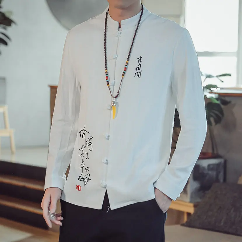 

Мужская рубашка свободного кроя из хлопка и льна с длинным рукавом в традиционном китайском стиле, весенне-осенняя модная брендовая верхняя одежда/куртка