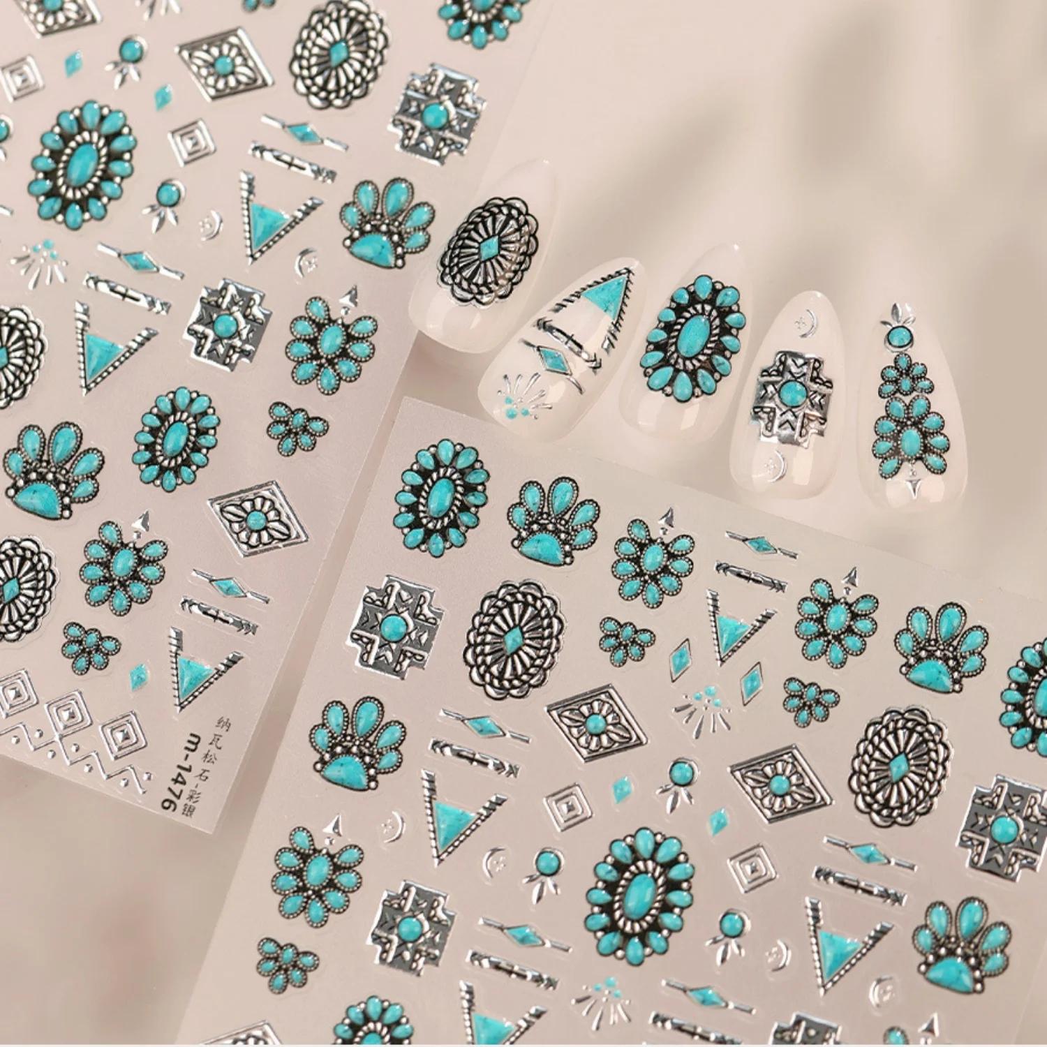 Cowgirl Retro 5D Nagelkunst-Aufkleber Türkis Geometrische Metall-Dreiecke Rhombus Stammesmotive Vintage Selbstklebende Abziehbilder Cowgirl – Detail 5