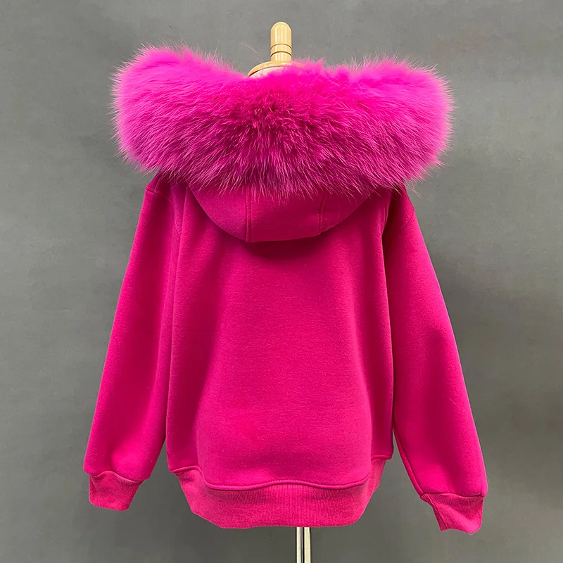 2024 Autumn Winter Hoodie Kids Fleece Pullover With Removable Real Fox Fur Hood Lady Sweater Jackets S6493