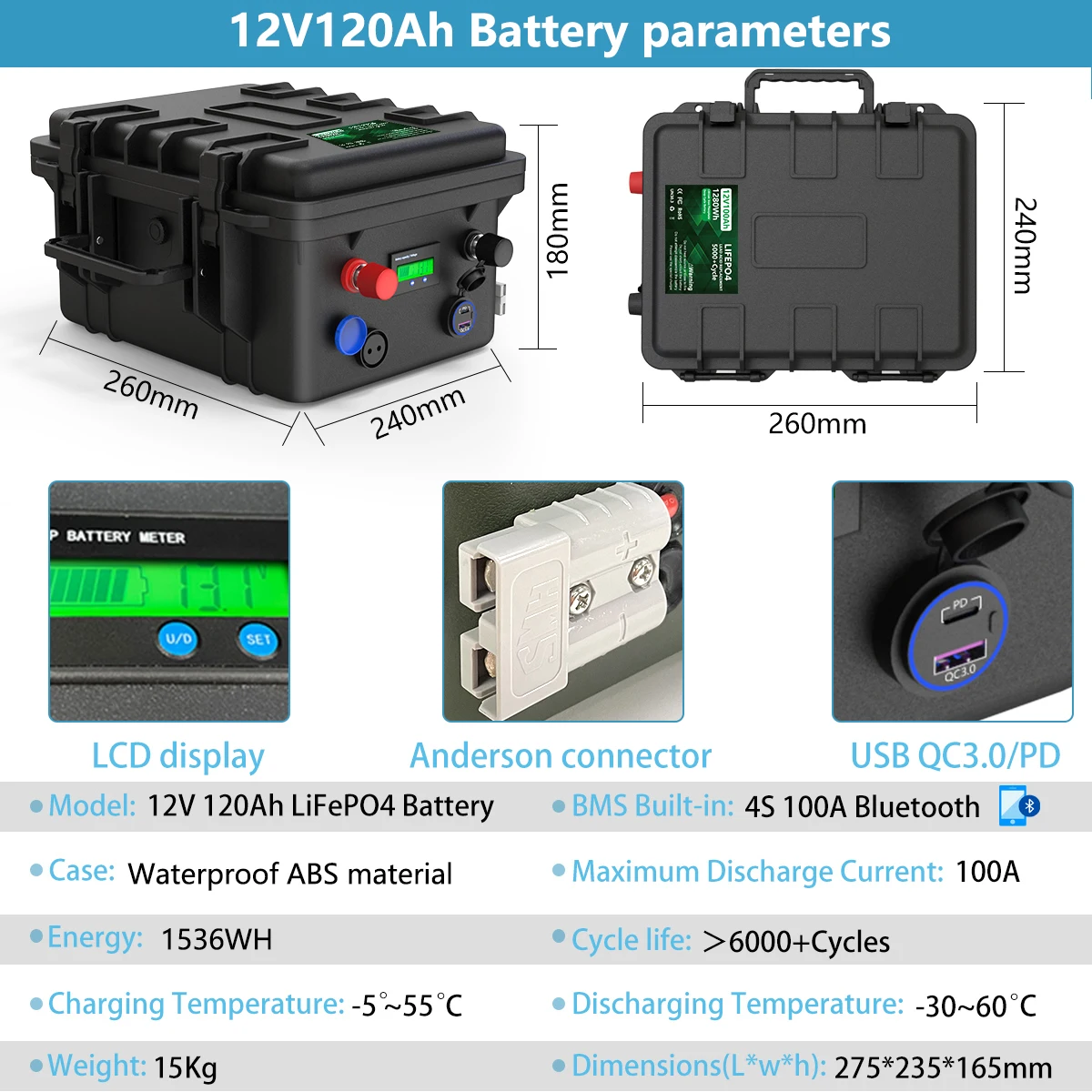 LiFePO4 12V 120AH 100AH 80AH Battery Pack 12.8V Bluetooth Lithium Battery Grand A Cells With 4S 100A BMS 6000+ Cycles For Boat