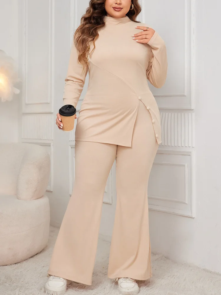 

GIBSIE Plus Size Mock Neck Long Sleeve Split Tops Women Autumn Solid Casual High Waist Flared Pants 2 Piece Sets Women Outfit