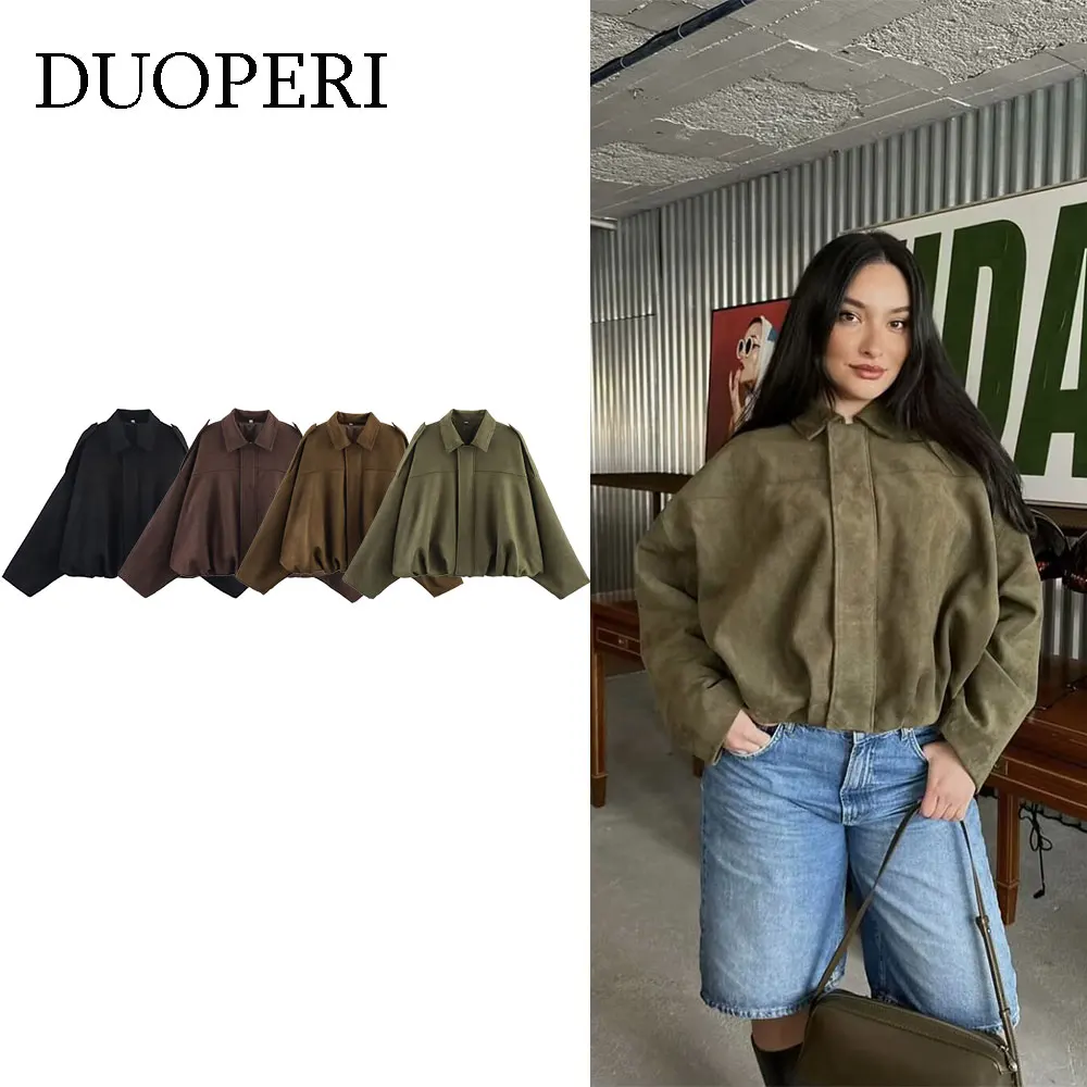 DUOPERI mujeres 2025 nuevas chaquetas Bomber sólidas cuello de solapa mangas largas elegancia femenina Chic chaqueta Casual Tops