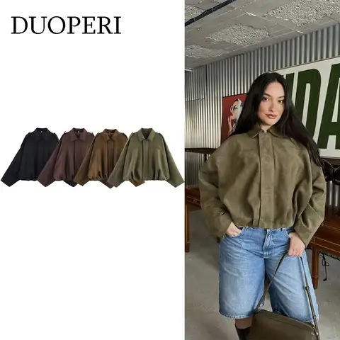 DUOPERI Women 2025 New Solid Bomber Jackets Lapel Neck Long Sleeves Female Elegance Chic Casual Jacket Tops